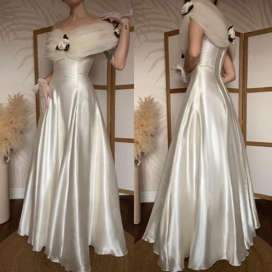 Off the Shoulder Flower Sleeveless A-Line Wedding Dress