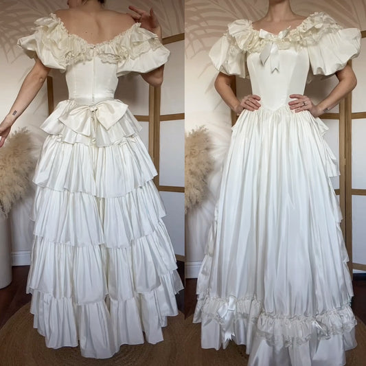 Vintage Half Sleeve A-Line Tassel Bow Wedding Dress