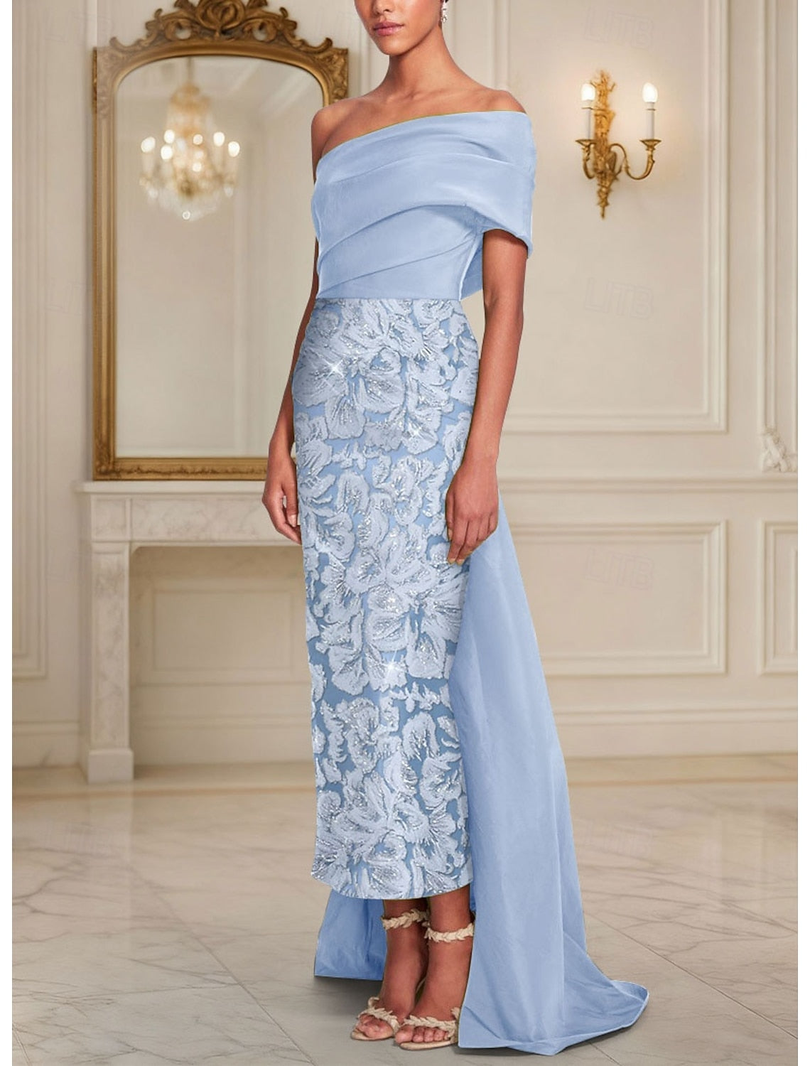 One Shoulder Mermaid Flowers Floral Print Ankle-Length Evening Dress