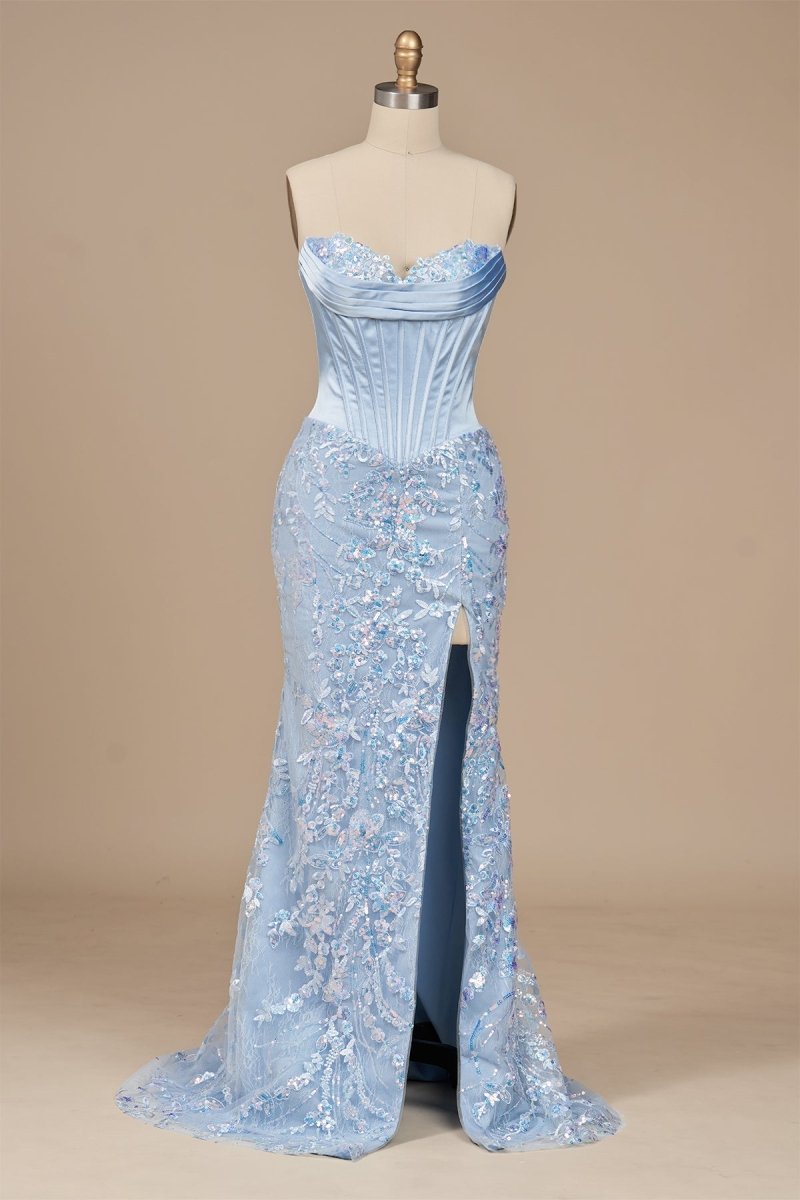 Sky Blue - Strapless Mermaid Sequined Lace Long Formal Prom Dresses With Slit