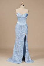Sky Blue - Strapless Mermaid Sequined Lace Long Formal Prom Dresses With Slit