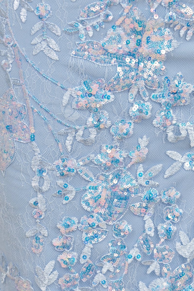 Sky Blue - Strapless Mermaid Sequined Lace Long Formal Prom Dresses With Slit