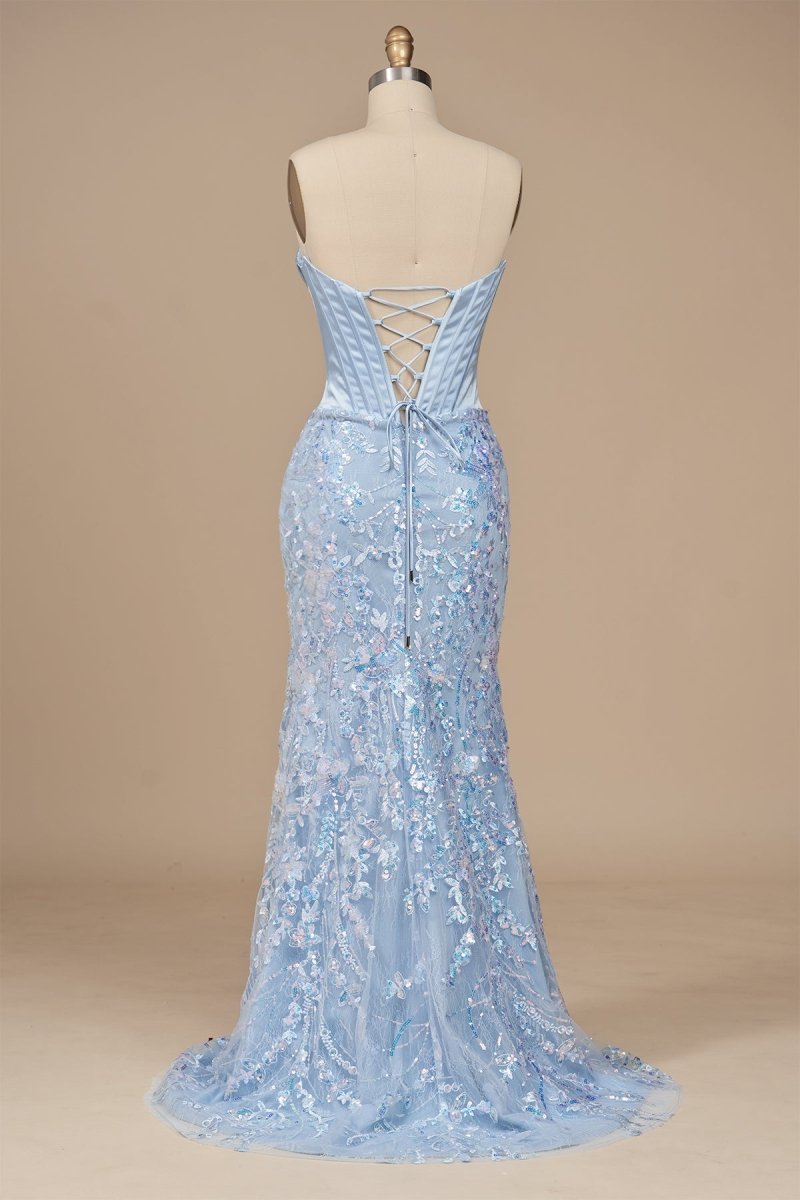 Sky Blue - Strapless Mermaid Sequined Lace Long Formal Prom Dresses With Slit