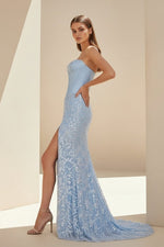 Sky Blue - Strapless Mermaid Sequined Lace Long Formal Prom Dresses With Slit