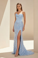 Sky Blue - Strapless Mermaid Sequined Lace Long Formal Prom Dresses With Slit