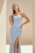 Sky Blue - Strapless Mermaid Sequined Lace Long Formal Prom Dresses With Slit