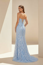 Sky Blue - Strapless Mermaid Sequined Lace Long Formal Prom Dresses With Slit