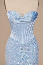 Sky Blue - Strapless Mermaid Sequined Lace Long Formal Prom Dresses With Slit