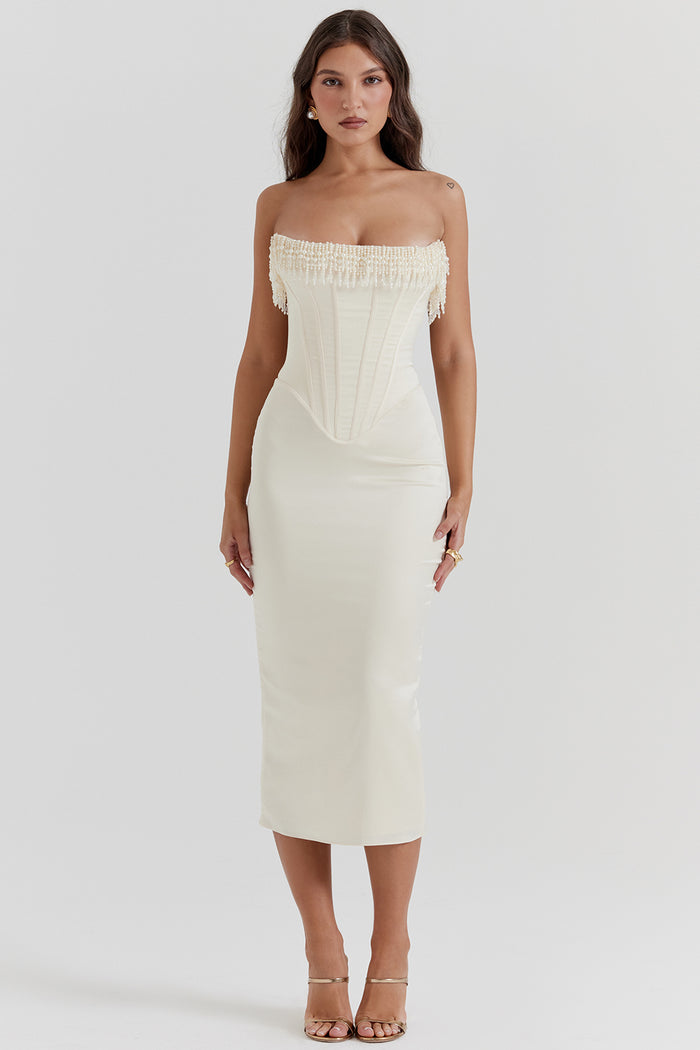 Strapless Beaded Sleeveless Mermaid Tea-Length Wedding Dress