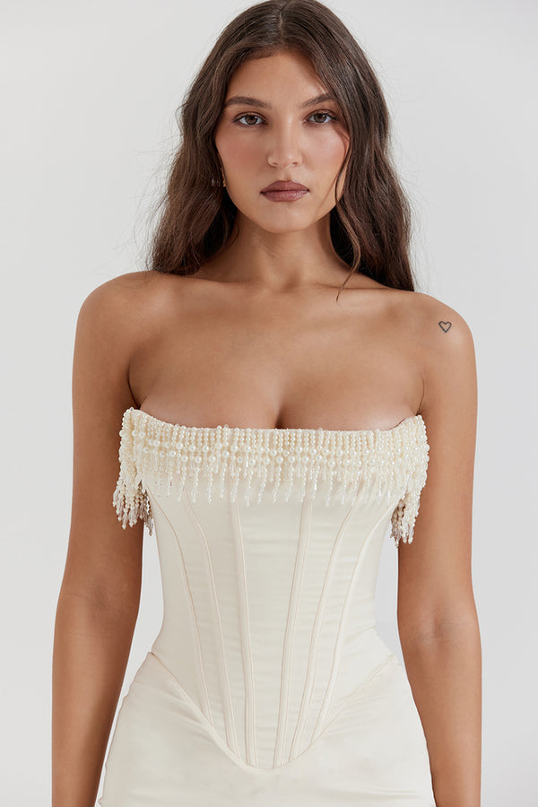 Strapless Beaded Sleeveless Mermaid Tea-Length Wedding Dress