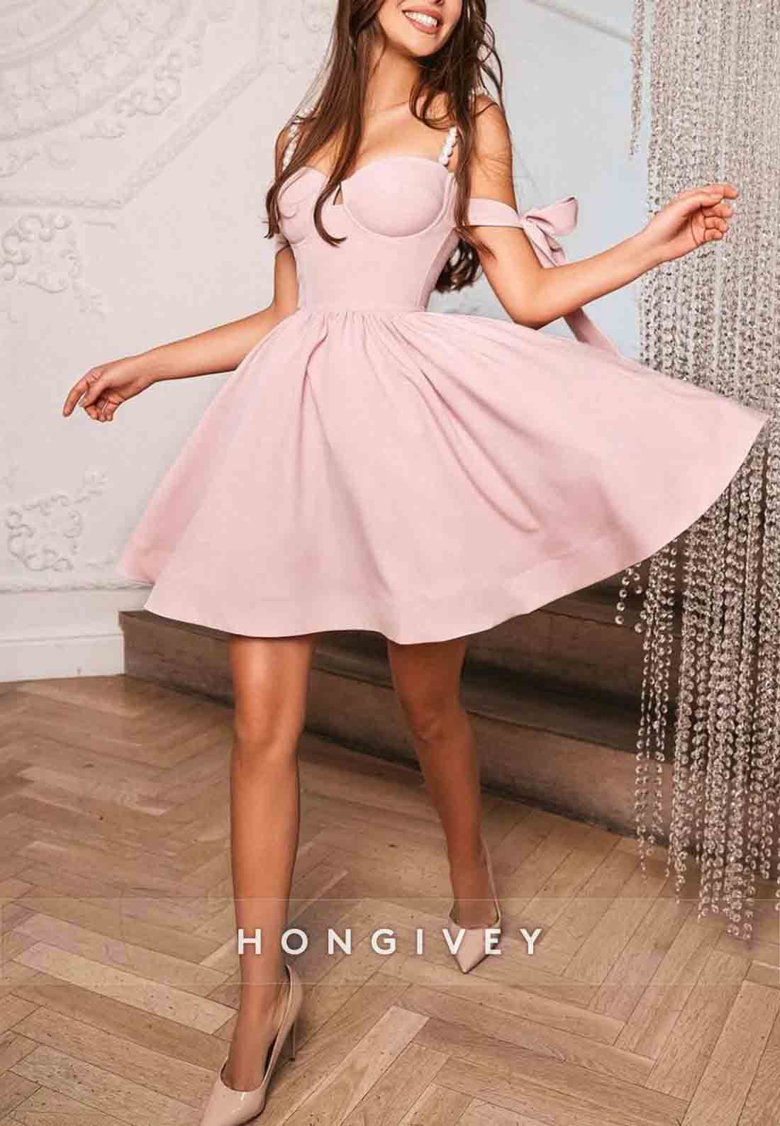 Spaghetti Straps Pleated Sweetheart Princess Homecoming Dresses with Bowknot