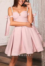 Spaghetti Straps Pleated Sweetheart Princess Homecoming Dresses with Bowknot
