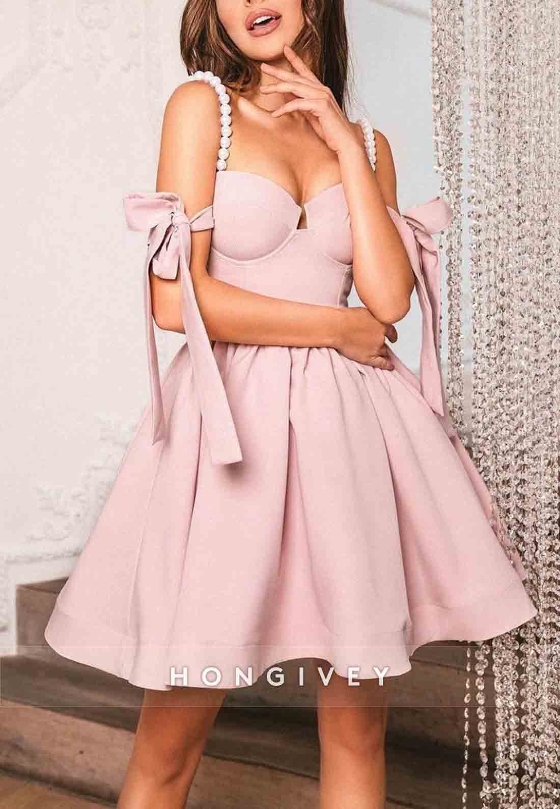 Spaghetti Straps Pleated Sweetheart Princess Homecoming Dresses with Bowknot