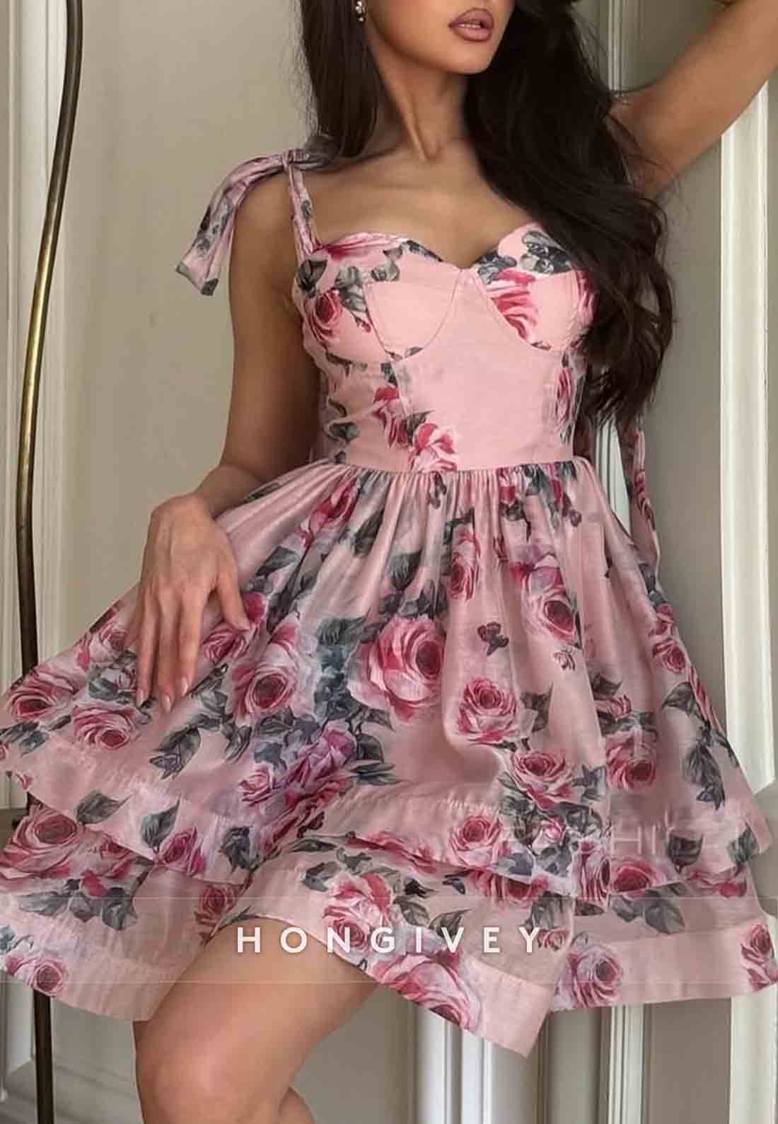 Floral Print Regular Straps A-Line Pleated Sweetheart Short Homecoming Dresses