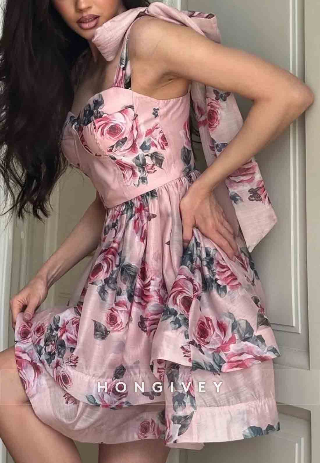 Floral Print Regular Straps A-Line Pleated Sweetheart Short Homecoming Dresses