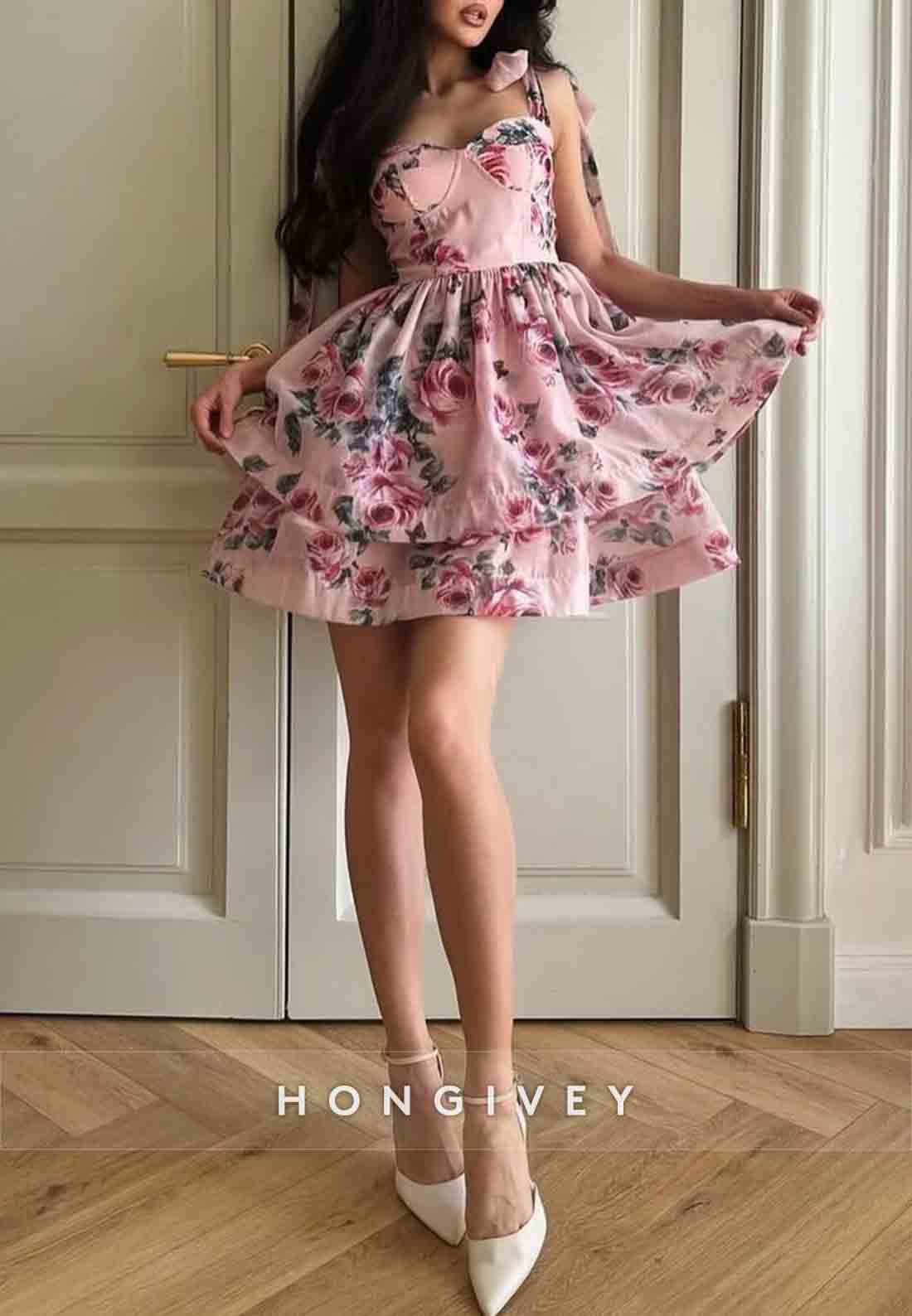 Floral Print Regular Straps A-Line Pleated Sweetheart Short Homecoming Dresses