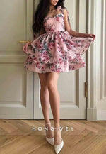 Floral Print Regular Straps A-Line Pleated Sweetheart Short Homecoming Dresses