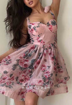 Floral Print Regular Straps A-Line Pleated Sweetheart Short Homecoming Dresses