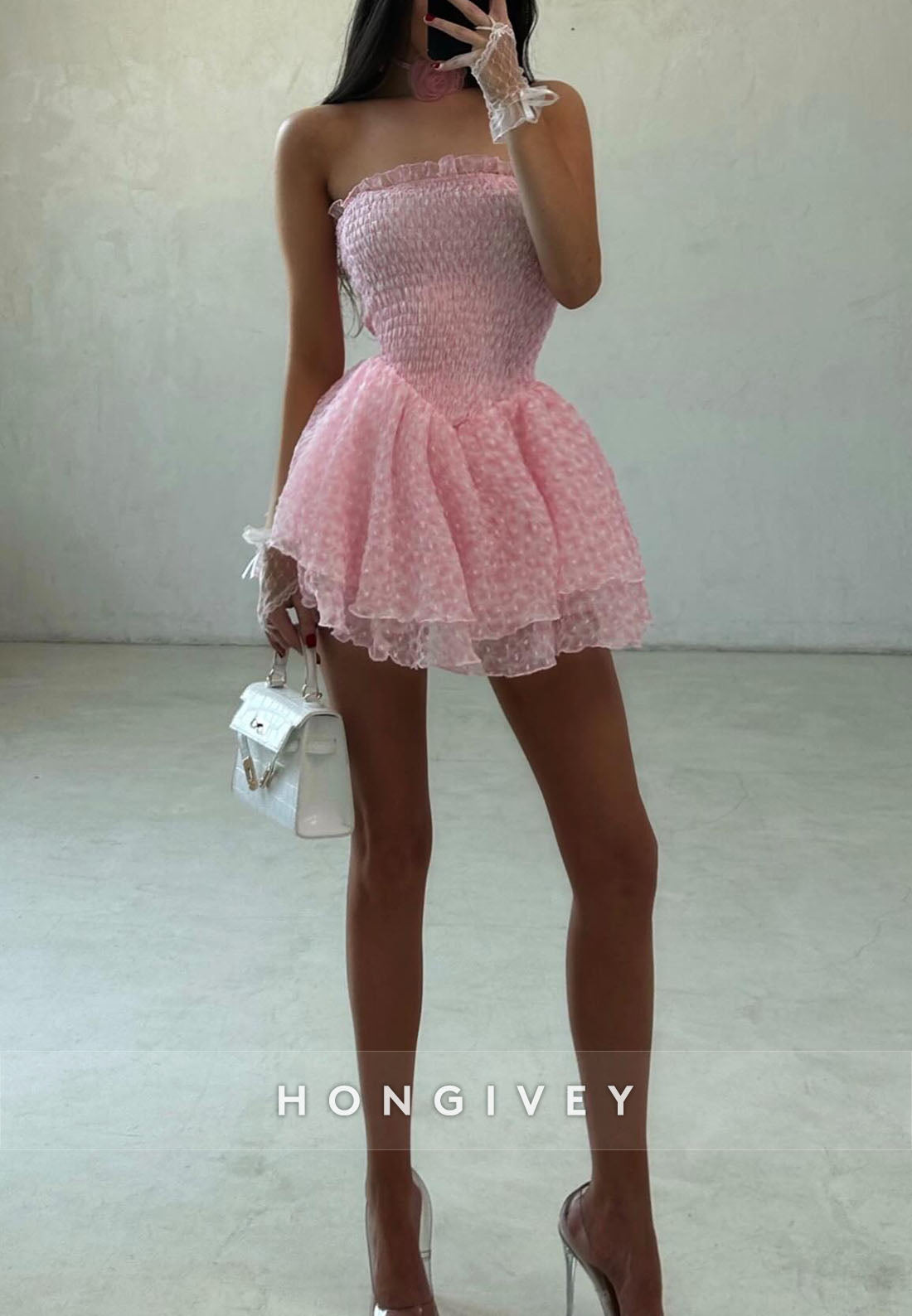Pink Strapless Ruched Princess Party Dress Mini Empire Homecoming Dress