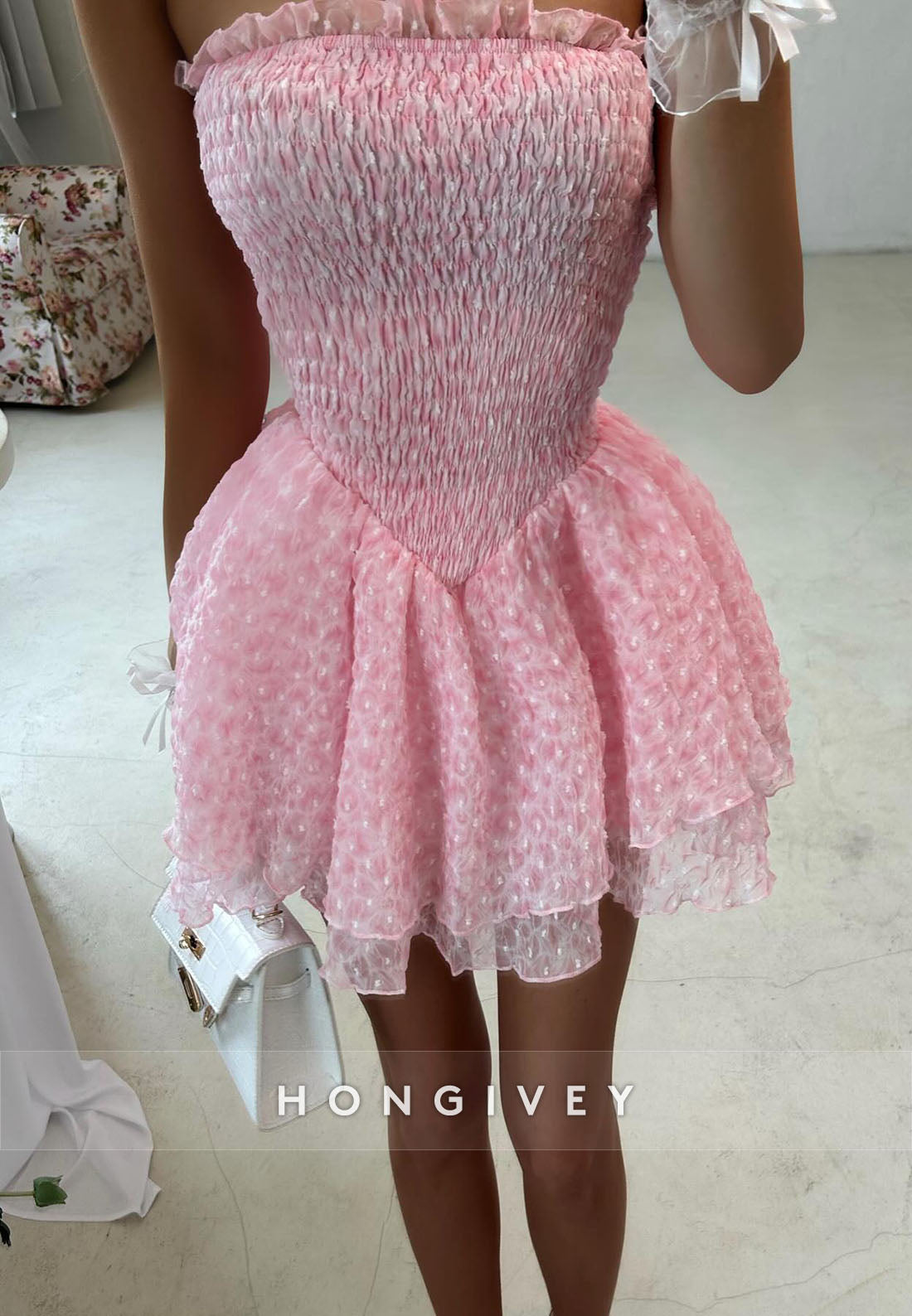 Pink Strapless Ruched Princess Party Dress Mini Empire Homecoming Dress