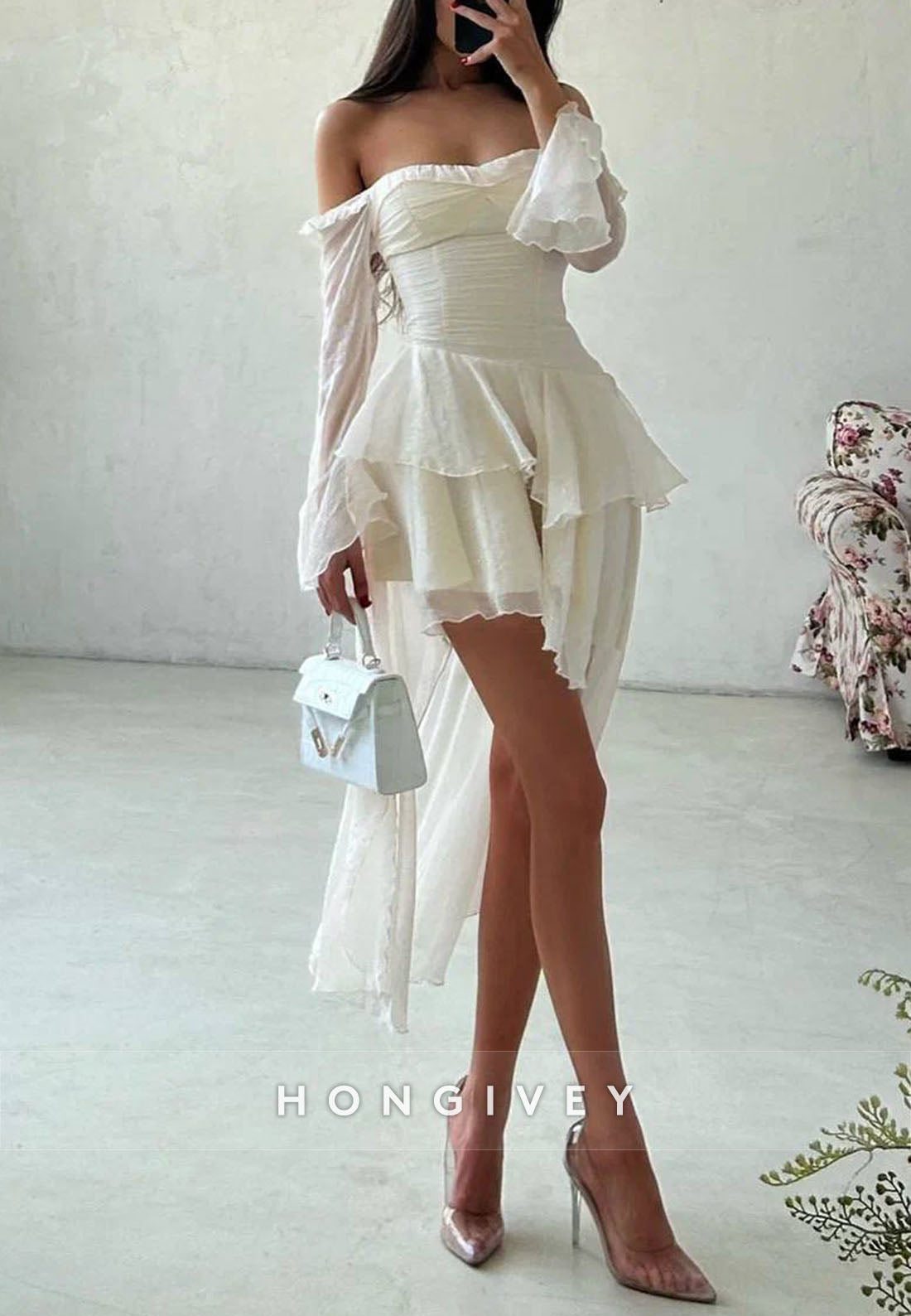 Off the Shoulder Ruched Long Sleeves Asymmetrical A-Line Homecoming Dress