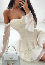 Off the Shoulder Ruched Long Sleeves Asymmetrical A-Line Homecoming Dress