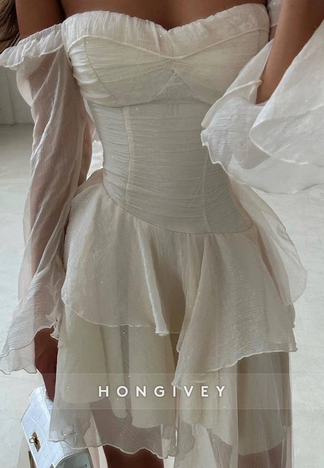 Off the Shoulder Ruched Long Sleeves Asymmetrical A-Line Homecoming Dress