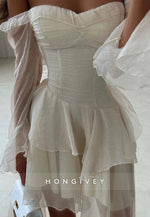 Off the Shoulder Ruched Long Sleeves Asymmetrical A-Line Homecoming Dress