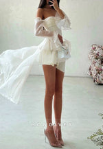 Off the Shoulder Ruched Long Sleeves Asymmetrical A-Line Homecoming Dress