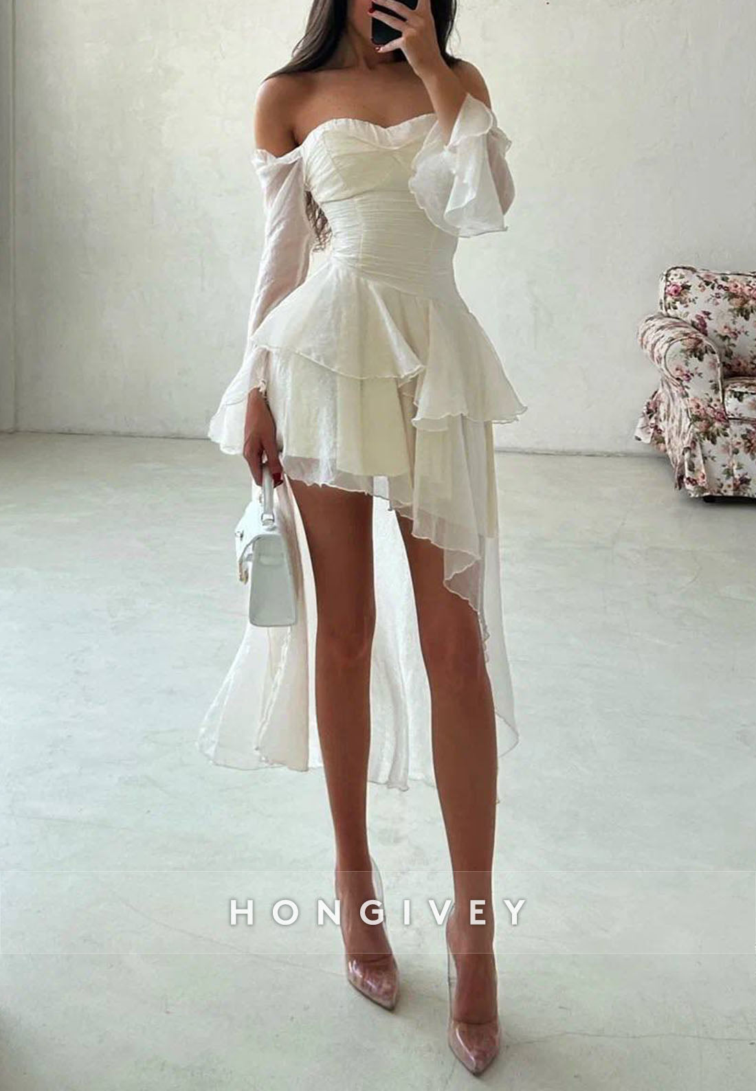 Off the Shoulder Ruched Long Sleeves Asymmetrical A-Line Homecoming Dress