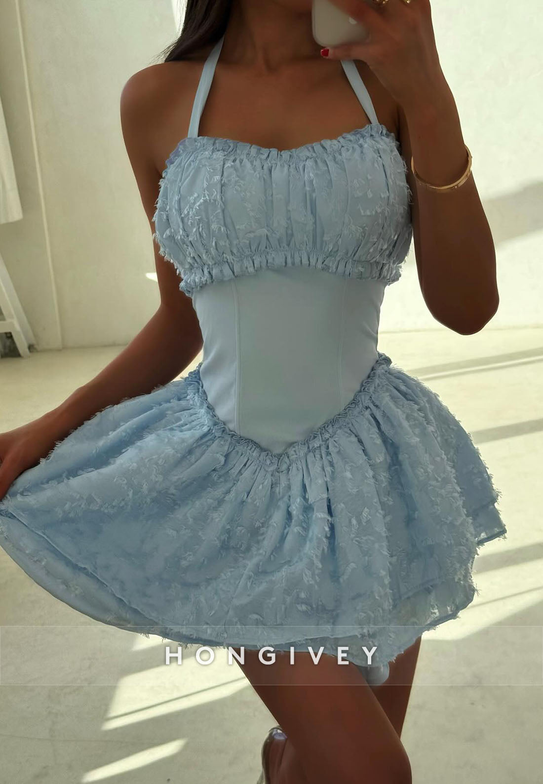 Light Blue A-Line Ruched Mini Homecoming Dress Halter Neck Party Dresses