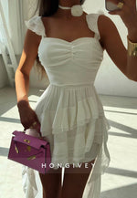Cap Straps Asymmetrical A-Line Short Homecoming Dress with Ruffles