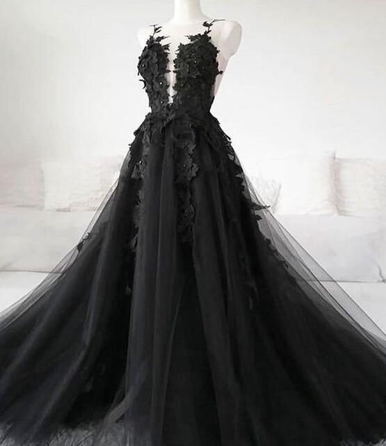 Sexy Black Lace Appliques Sleeveless Tulle Backless Wedding Dresses