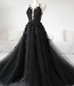 Sexy Black Lace Appliques Sleeveless Tulle Backless Wedding Dresses