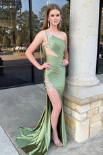 Sexy Sage One Shoulder Tight Satin Prom Dress Appliques with Slit