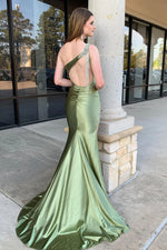 Sexy Sage One Shoulder Tight Satin Prom Dress Appliques with Slit