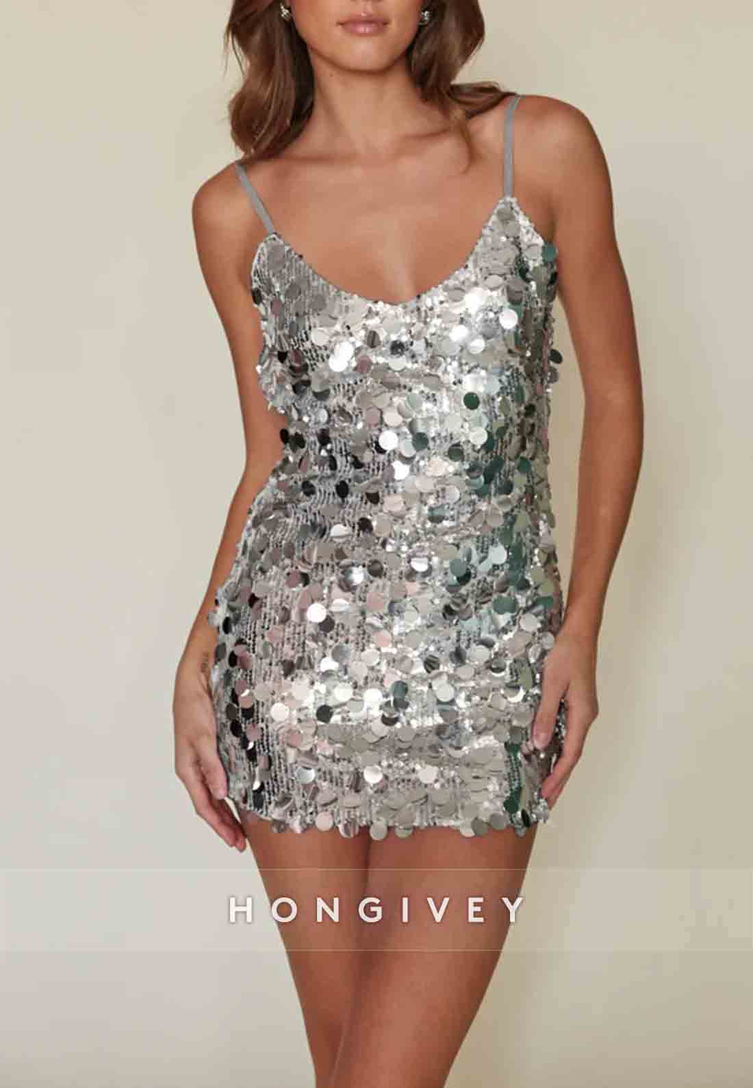 Sequined Bodycon Low Back Spaghetti Strap Mini Homecoming Dress