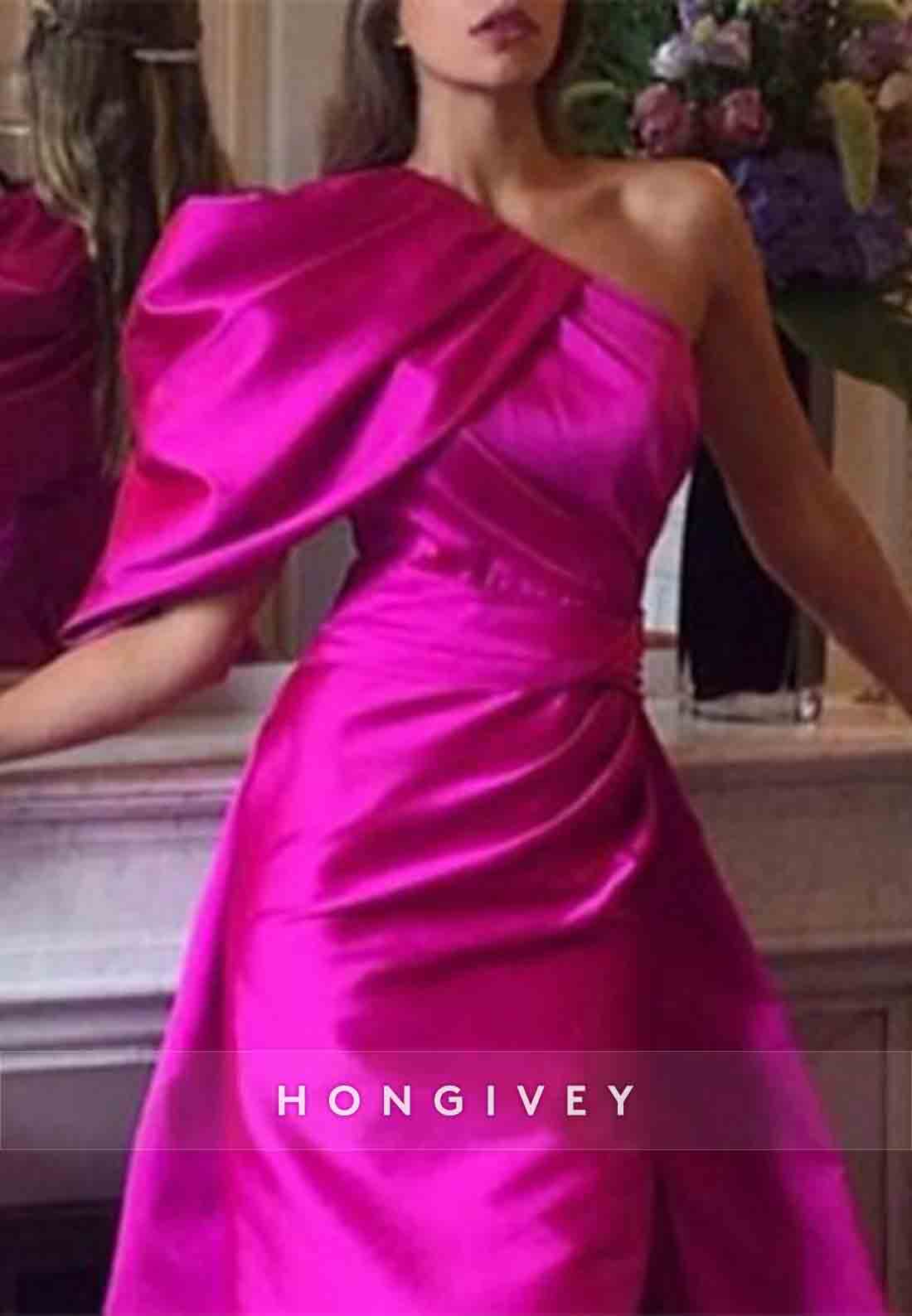 One Shoulder Fuchsia Satin Detachable Evening Gowns with Side Slit