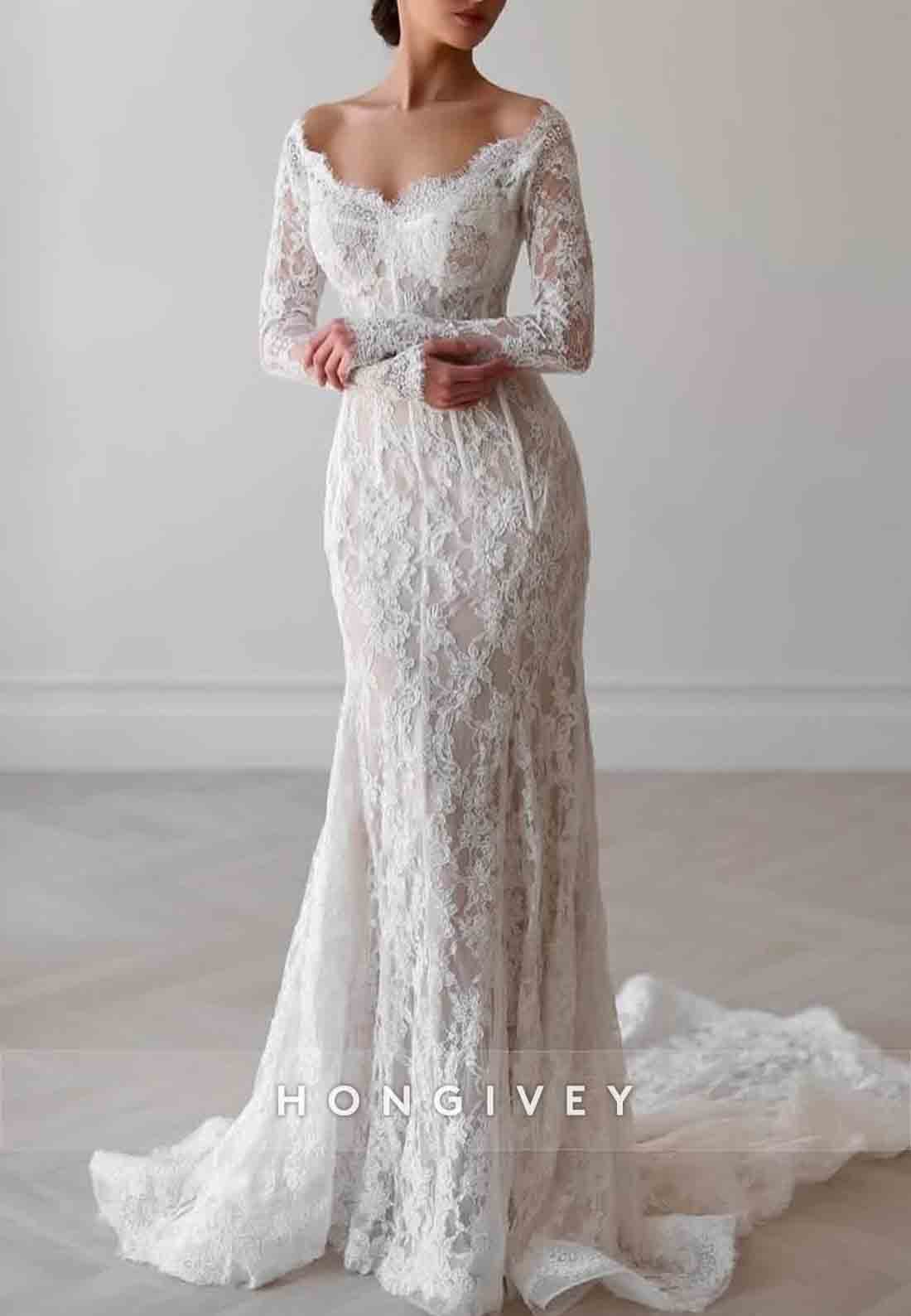 Off the Shoulder Long Sleeves Lace Court Train Trumpet Detachable Wedding Dresses