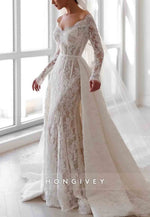 Off the Shoulder Long Sleeves Lace Court Train Trumpet Detachable Wedding Dresses