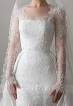 Long Sleeves Detachable Sheath Chapel Train Lace Wedding Dresses