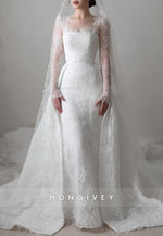 Long Sleeves Detachable Sheath Chapel Train Lace Wedding Dresses