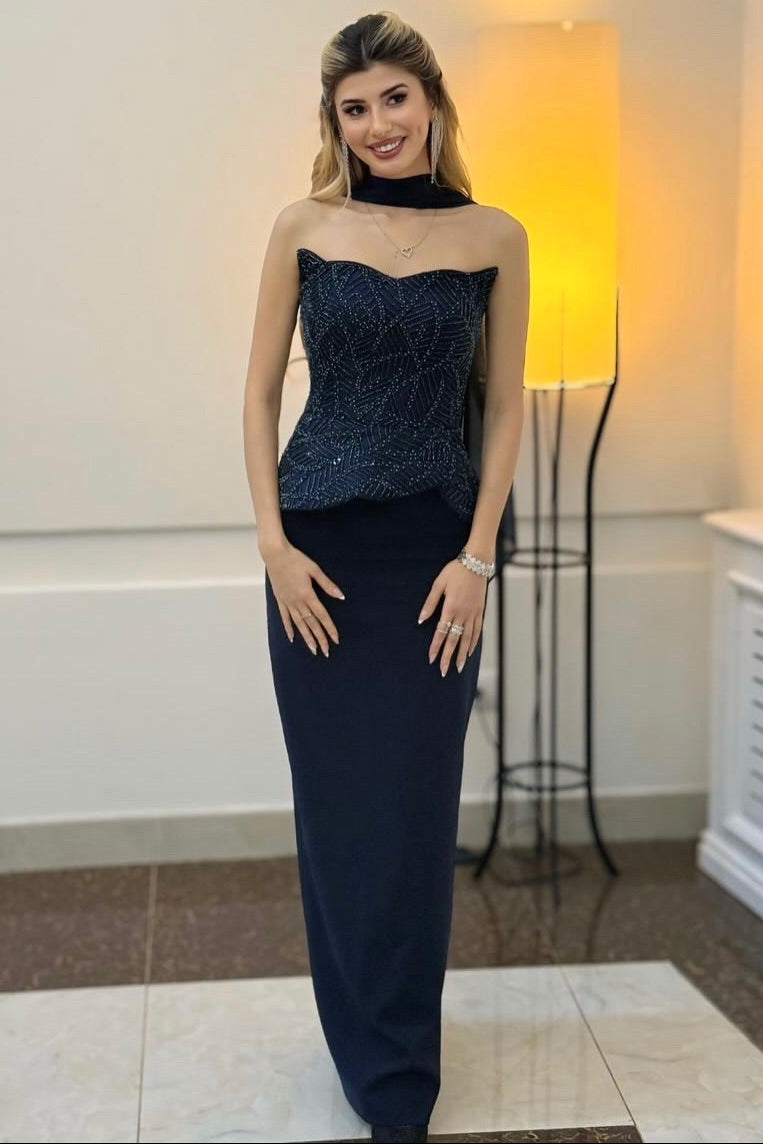 Strapless Beaded Applique Sleeveless Mermaid Shawl Formal Evening Dress