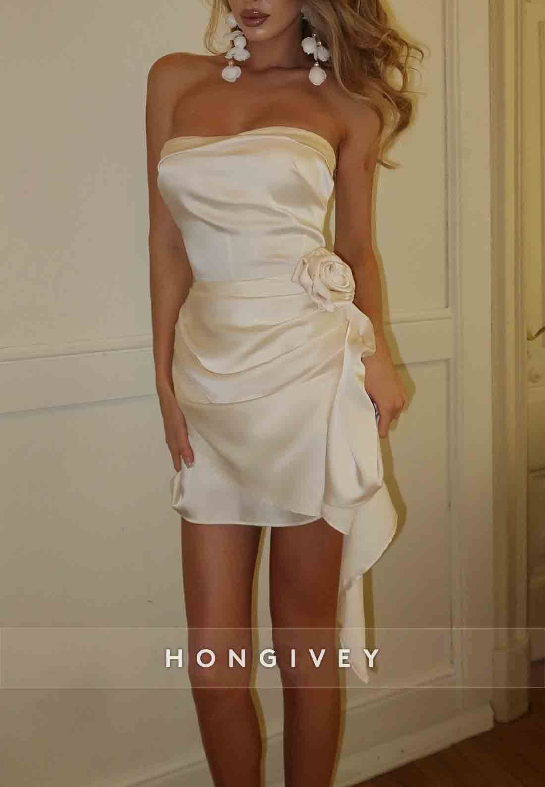 Strapless Satin Side Draping Sheath Satin Pleated Short Homecoming Dresses