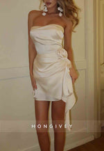 Strapless Satin Side Draping Sheath Satin Pleated Short Homecoming Dresses