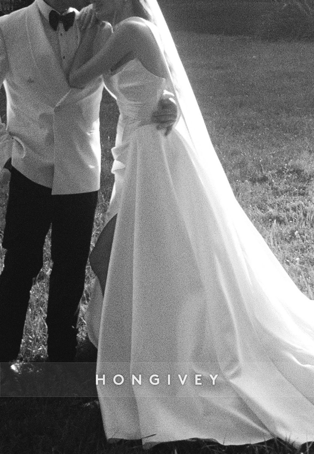 Side Slit Satin Side Slit Strapless A-Line Court Train Pleated Wedding Dresses