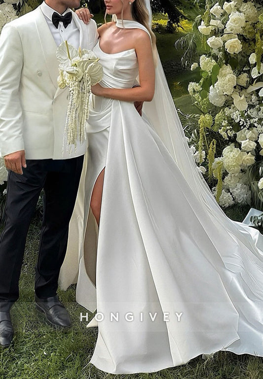 Side Slit Satin Side Slit Strapless A-Line Court Train Pleated Wedding Dresses