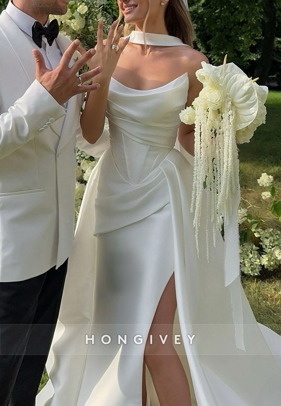 Side Slit Satin Side Slit Strapless A-Line Court Train Pleated Wedding Dresses