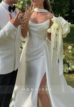 Side Slit Satin Side Slit Strapless A-Line Court Train Pleated Wedding Dresses