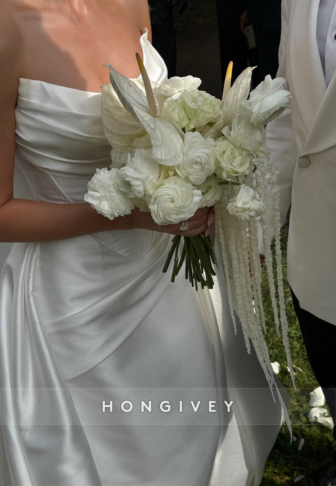 Side Slit Satin Side Slit Strapless A-Line Court Train Pleated Wedding Dresses